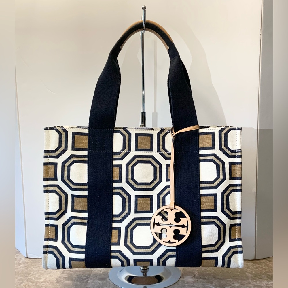 TORY BURCH Canvas and Leather Tote Bag Leather Logo Bag Charm EUC